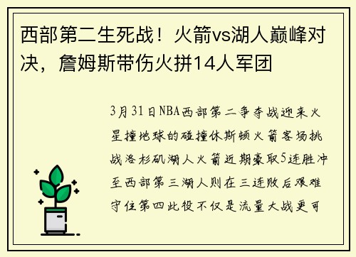 西部第二生死战！火箭vs湖人巅峰对决，詹姆斯带伤火拼14人军团